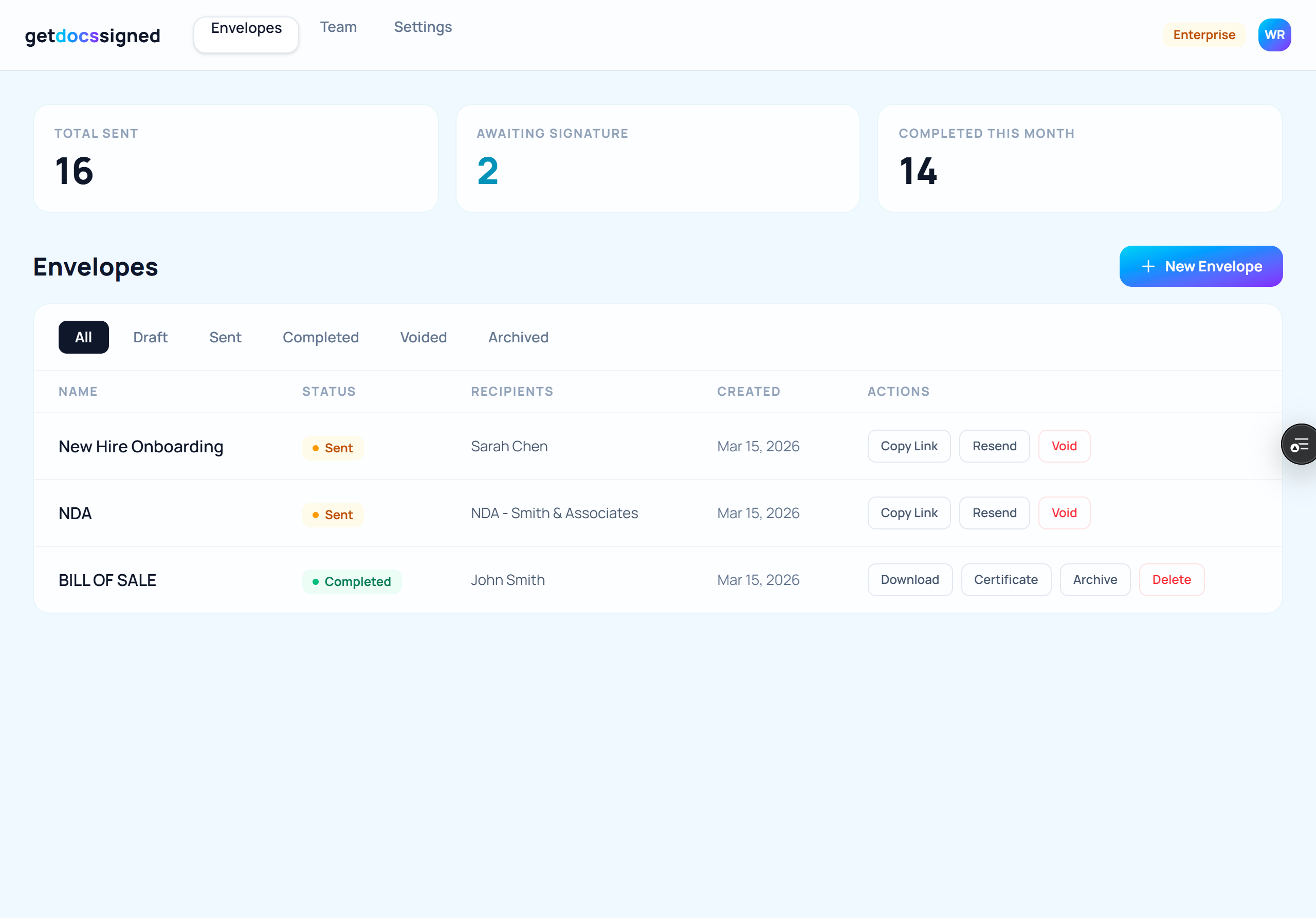 GetDocsSigned dashboard showing envelope management