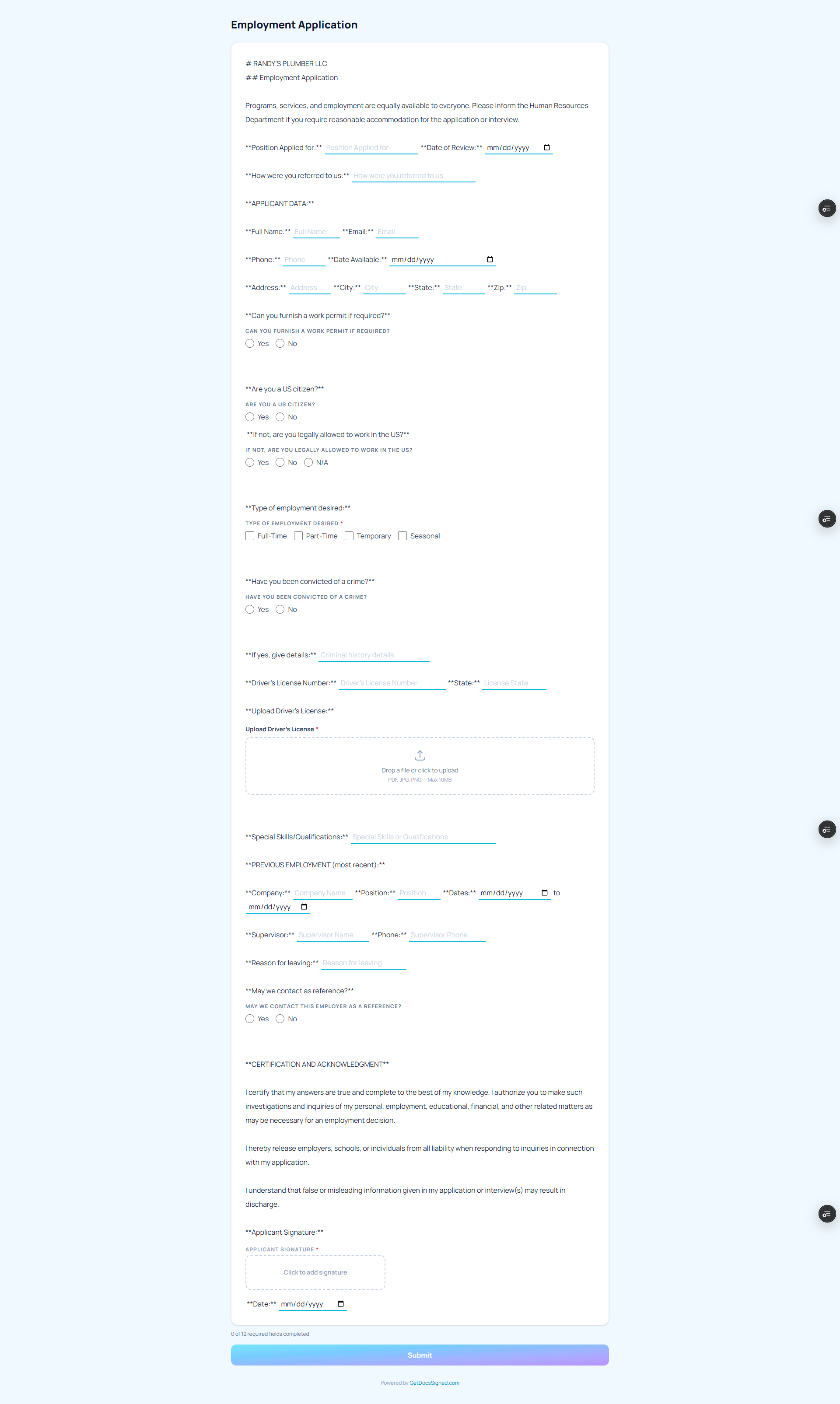 Published employment application form on mobile