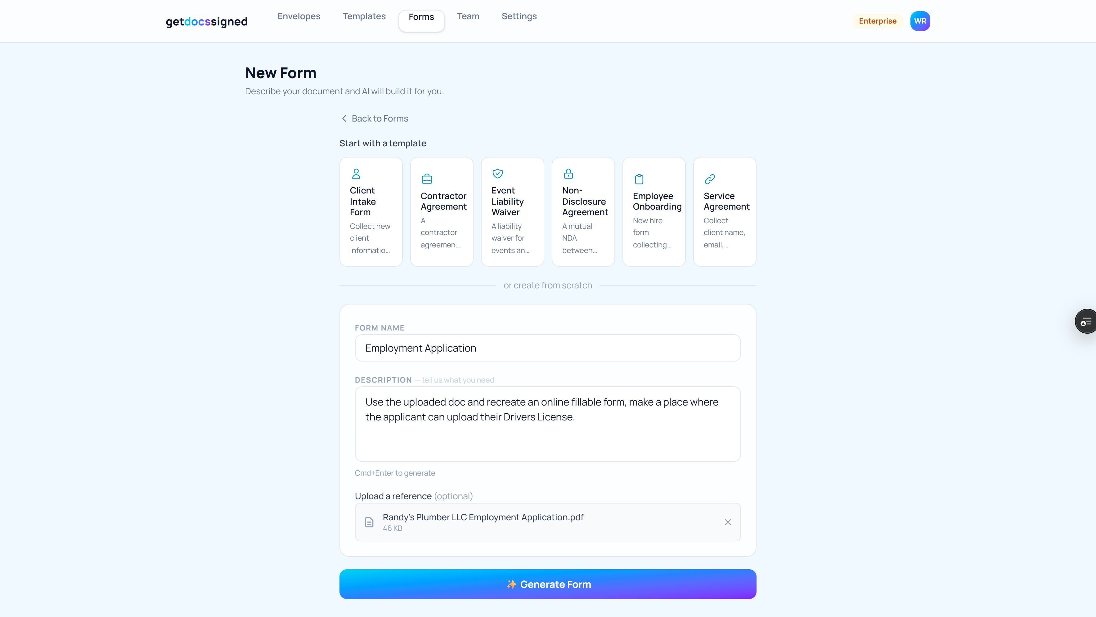GetDocsSigned AI form builder — describe your form or upload a PDF and AI generates it